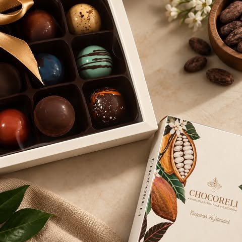 Caja Chocoreli abierta con bombones de colores pintados a mano